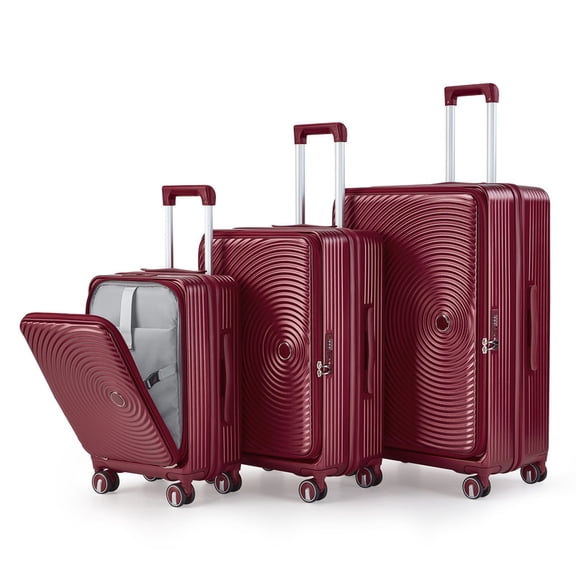 EBQOSK 3PCS Expandable Carry on Luggage with Front Pocket and 360° Spinner Wheels, 20/24/28 inch PC Hardside Lightweight Suitcase Set Airline Approved TSA Lock for Men Women Family Travel Wine Red