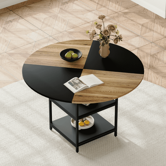 EBQOSK 47.3-Inch Diameter Modern Splicing Circular Dining Table - Double-Layer Storage, Wood And Black Fan-Shaped Diagonal Color Matching Design, Interpreting Home Aesthetics And Practicality Black 1