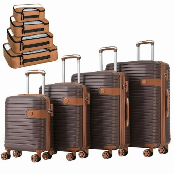 EBQOSK 4PCS Carry On Expandable Luggage Set with 4 Packing Cubes, 16/24/26/28 Inch Three-layer ABS Composite Suitcases with TSA Lock & 360°Spinner Wheels for Family Travel, Expand 25% Space Brown