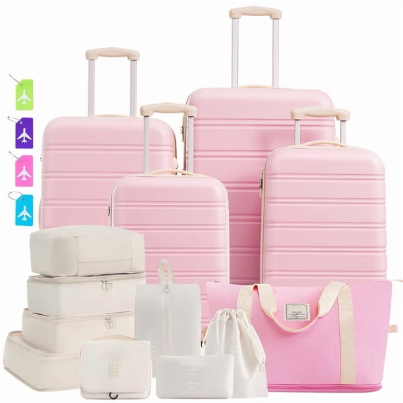 EBQOSK 5+8PCS Carry on Luggage Case Set with 360° Spinner Wheels and TSA Lock, 16/20/24/28 inch ABS Lightweight Suitcase Kit with Multiple Reusable Packing Bag for Men Women Family Travel Light Pink