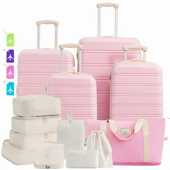 EBQOSK 5+8PCS Carry on Luggage Case Set with 360° Spinner Wheels and TSA Lock, 16/20/24/28 inch ABS Lightweight Suitcase Kit with Multiple Reusable Packing Bag for Men Women Family Travel Light Pink