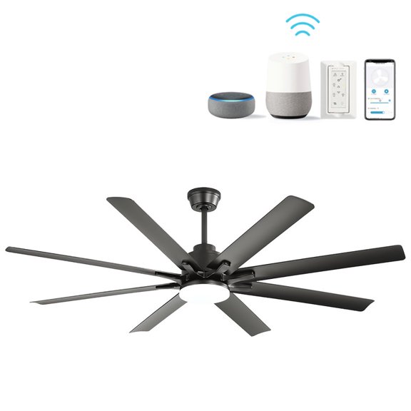 EBQOSK 66 Inch Modern Ceiling Fan With Dimmable Led Light 8 ABS Blades Smart Remote Control Reversible DC Motor Black for Home Office Matte Black