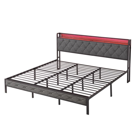 EBQOSK Bed Frame with Storage Headboard, Charging Station and LED Lights, Upholstered Platform Bed with Heavy Metal Slats, No Box Spring Needed, Noise Free, Easy Assembly Gray King