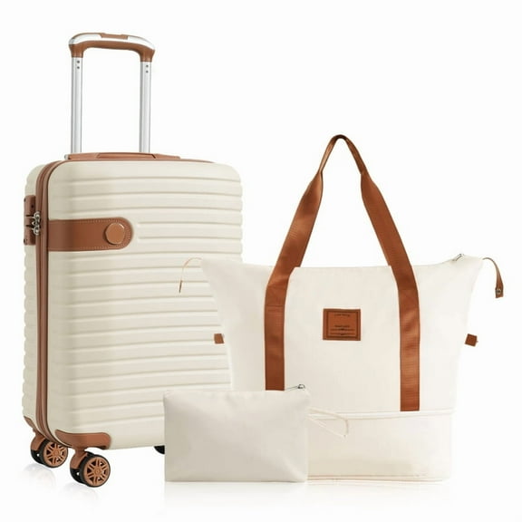 EBQOSK Carry on Luggage and Oxford C loth Weekender Travel Bag and Toiletry Bag, 20 inch Hardshell Suitcase with 360° Spinner Wheels and TSA Lock, Airline Approved for Men Women Family Travel Cream