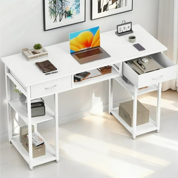 EBQOSK Computer Desk 48 Inch Home Office Bedroom Writing Study PC Table with Fabric Drawers Storage Shelves Space Headphone Hook Metal Frame Adjustable Feet Modern Simple Style White L
