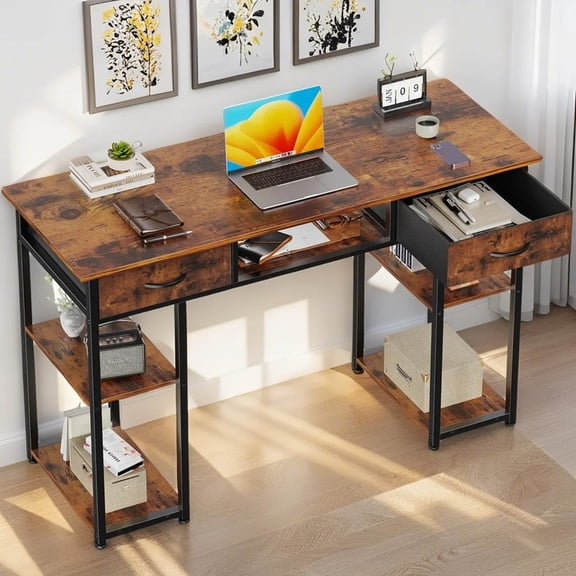 EBQOSK Computer Desk 48 Inch Home Office Bedroom Writing Study PC Table with Fabric Drawers Storage Shelves Space Headphone Hook Metal Frame Adjustable Feet Modern Simple Style Brown L