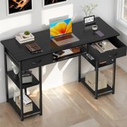 EBQOSK Computer Desk 48 Inch Home Office Bedroom Writing Study PC Table with Fabric Drawers Storage Shelves Space Headphone Hook Metal Frame Adjustable Feet Modern Simple Style Black L