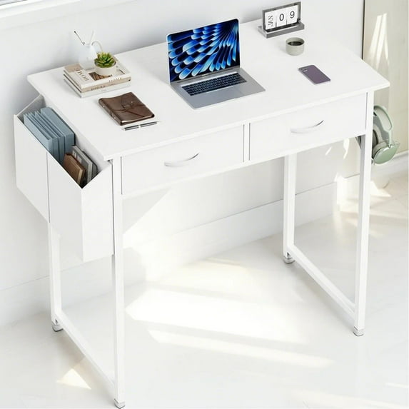 EBQOSK Computer Desk Small Home Office Bedroom Writing Study PC Table with Storage Space Fabric Side Bag Headphone Hook White