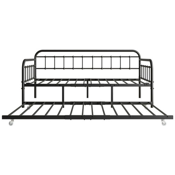 EBQOSK Daybed Frame with Trundle, Heavy Duty Steel Slat Support Sofa Bed Platform with Headboard, No Box Spring Needed Black　Twin