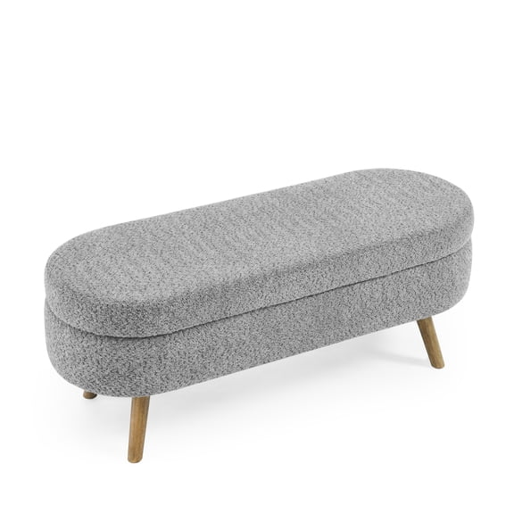 EBQOSK Entryway Oval Ottoman Storage Bench with Safety Hinged Lid, Multi-Functional Breathable Linen Fabric Upholstered Bench Seat with Rubber Wood Legs Footrest for Living Room Bedroom Gray