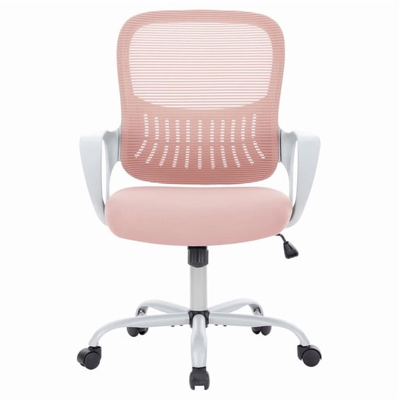EBQOSK Home Office Desk Chair, Ergonomic Office Chair Height Adjustable, Lumbar Support Breathable Mesh Swivel Rolling Work for Home Bedroom Study Student Pink (No Footrest & Fixed Handrail)