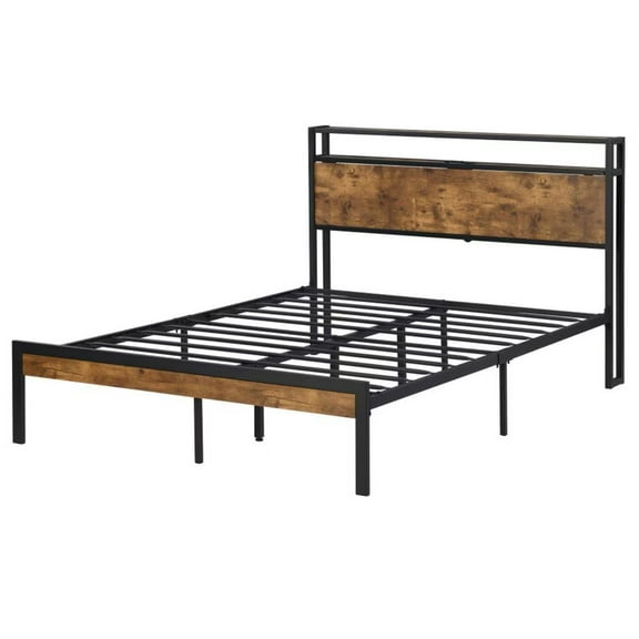 EBQOSK Metal Platform Bed Frame with Wooden Headboard and Footboard with USB LINER, No Box Spring Needed, Large Under Bed Storage, Easy Assemble Black Queen