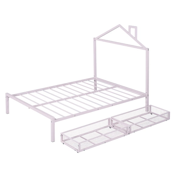 EBQOSK Metal Platform Bed with Two Drawers,House-Shaped Headboard Design Pink Full
