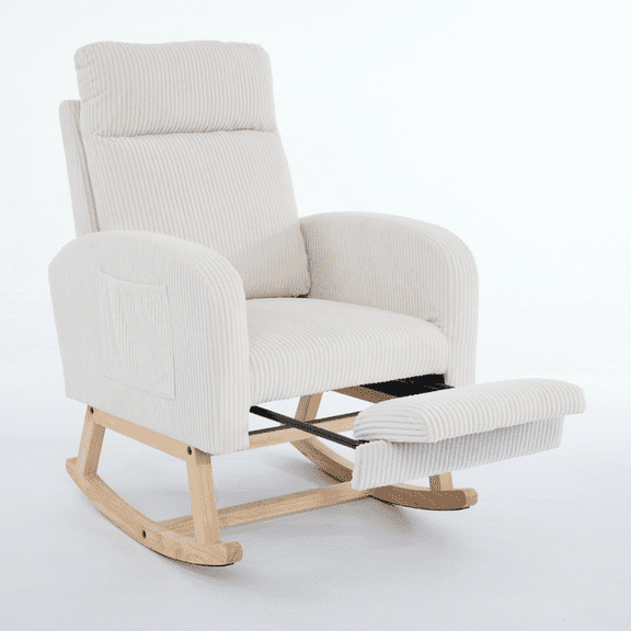 EBQOSK Modern Accent Rocking Chair Rocking Chair with Solid Wood Legs, Upholstered Nursery Glider Rocker, Comfy Armchair with Side Pocket, Living Room Lounge Arm Chair with High Backrest Teddy Cream