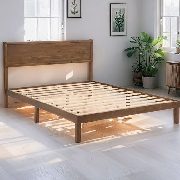 EBQOSK Premium Wood Bed Frame-Sturdyand Durable Design,Modern Home Style,Effortlessly Createa Comfortable Bedroom Brown　Queen