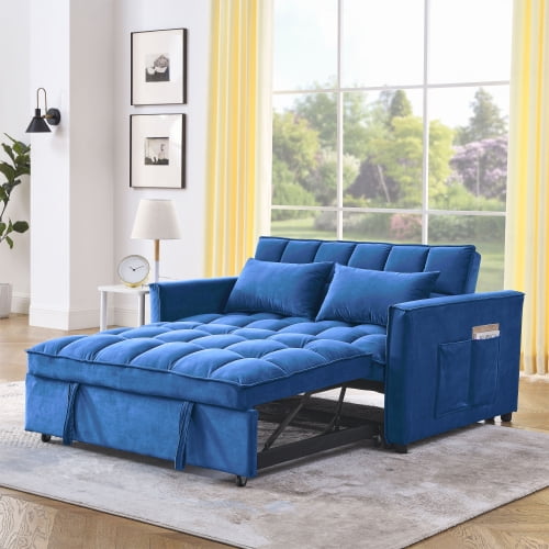 EBQOSK Sleeper Sofa, Convertible Sofa, Recliner, Bed, 3-in-1, 3-Position Adjustable Backrest, 2-Seater Sectional, Two Side Pockets, 2 Pillows for Living Room, Apartment Blue