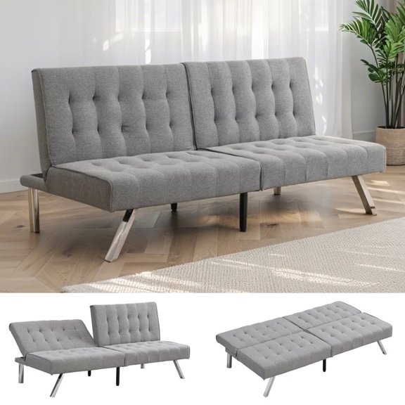 EBQOSK Sofa Bed with Armrest Two Holders Wood Frame, Stainless Leg, Futon Fabric Gray 1