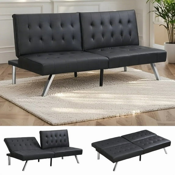 EBQOSK Sofa Bed with Armrest Two Holders Wood Frame, Stainless Leg, Futon Leather Black