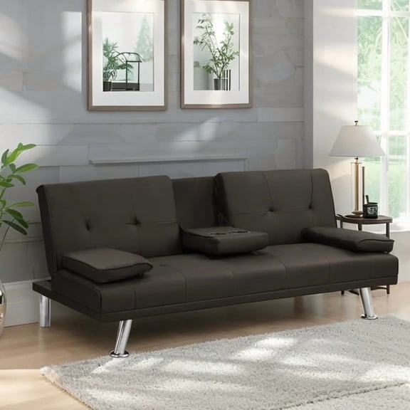 EBQOSK Sofa Bed with Armrest Two Holders Wood Frame, Stainless Leg, Futon PVC Dark Brown