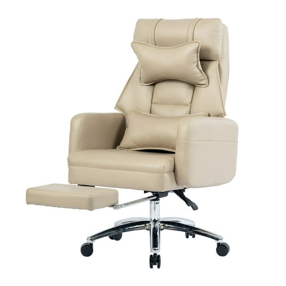 EBQOSK Swivel Ergonomic Office Chair, Technology Leather High Back Office Chair with Lumbar Support Headrest, Sedentary Comfortable Boss Chair, 155° Reclining Computer Chair Beige