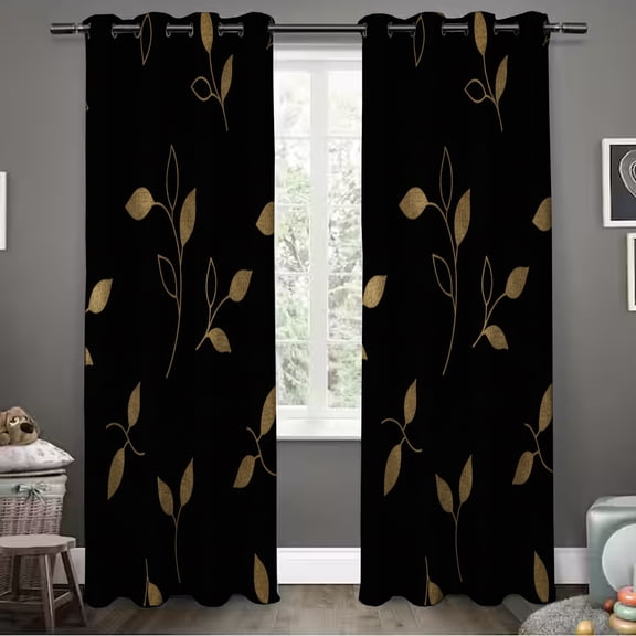 EBSTL Gold Black Full Blackout Curtains Print Golden Leaf Patterned Room Darkening Drapes 63/84 inch for Living Room Bedroom Thermal Insulated Window Treatment Grommet Top