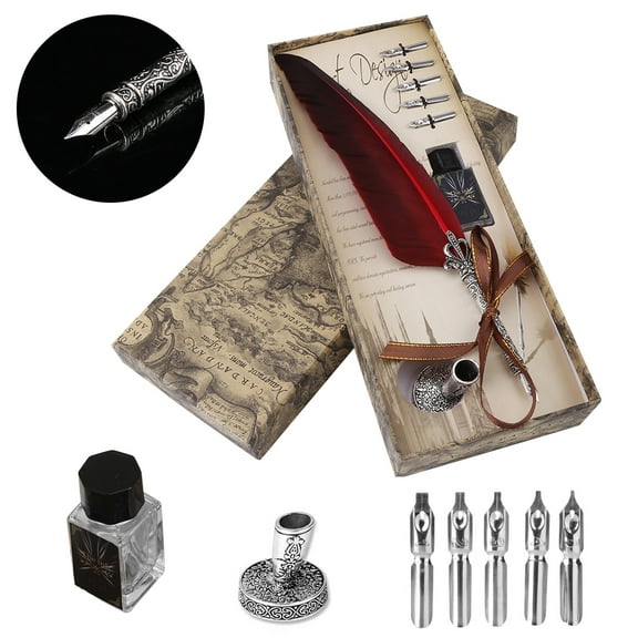 EBTOOLS English Calligraphy Feather Dip Quill Pen Writing Set Stationery Gift Box with 5 Nibs, Red