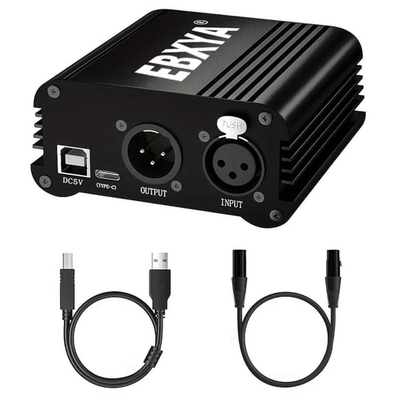 EBXYA 48V Phantom Power Supply 1 In 1 Out with USB-C Power Cable & XLR Cable, Metal Housing for Condenser Microphone, Audio Interface & Home Studio Recording
