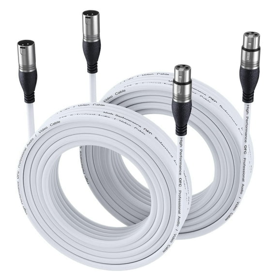 White XLR Cable Male to Female 50ft 2-Pack By EBXYA, Long Distance & Oxygen-Free Copper for Stage Performance, Church Events & Wedding Venue Setup