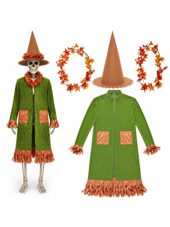 12 ft Skeleton Fall Costume Set, 4 Pcs Harvest Outfit with Hat & Maple Leaf Garlands for Yard Decor