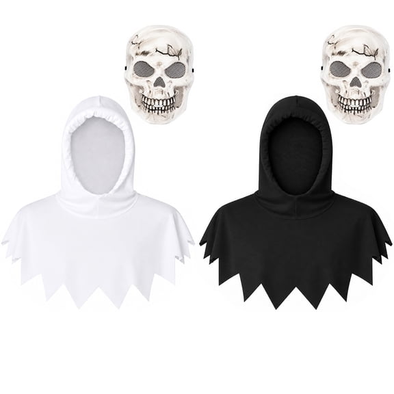 EBaokuup 2 Pack Adult Skull Mask Cape Set, Black White Skeleton Hood for Halloween Costume