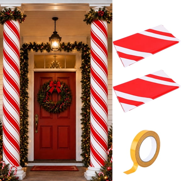 EBaokuup 2-Pack Christmas Candy Cane Column Wraps, Red and White Striped Pillar Covers, 54 x 108 Inch PE Porch Post Decorations with Double-Sided Tape