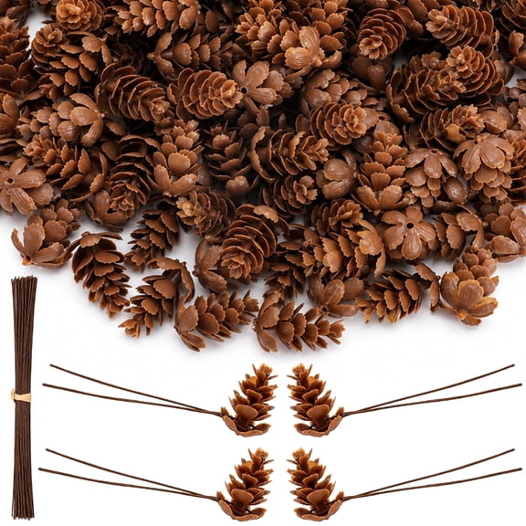 EBaokuup 200 Pcs Mini Artificial Pine Cones, 1 inch Brown Christmas Craft Decorations with 100 Iron Wires