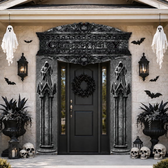 EBaokuup 3 Pcs Halloween Cemetery Archway Banners, Gothic Grim Reaper Door Decor with Rope & Glue Dots