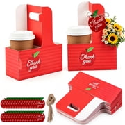 EBaokuup 30 Sets Teacher Appreciation Cup Carrier, Red Apple Design 2 Cup Holder with Greeting Cards