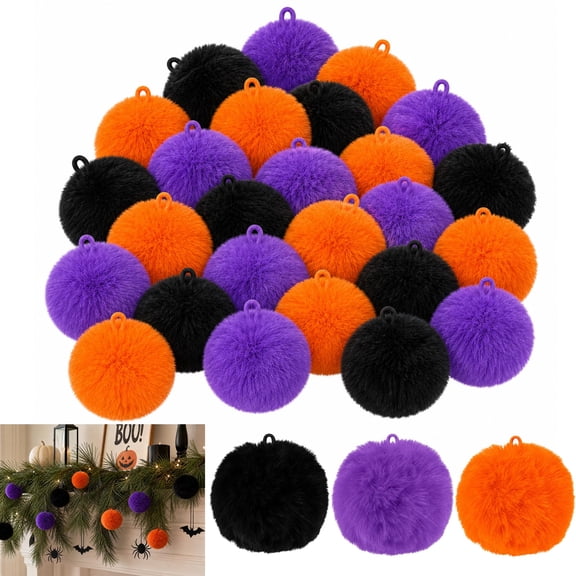 EBaokuup 33-Piece Halloween Pom Pom Balls, 2.75-Inch Orange Black Purple Yarn Pompoms for DIY Crafts