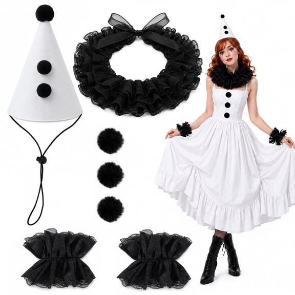 EBaokuup 4 Pack Lace Ruffle Collar and Wrist Cuff Set, Black White Clown Costume Accessories for Halloween and Circus