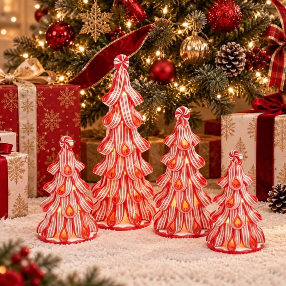 EBaokuup 4 Pcs Ribbon Candy Christmas Trees, Red White Stripe Lighted ...