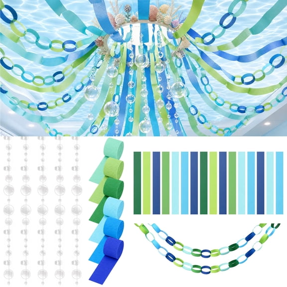 EBaokuup 500-Piece Ocean Paper Chain Garland Set, Blue Green Crepe Streamers and Bubble Garland for Party Decor