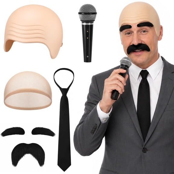 EBaokuup 6-Piece Halloween TV Host Costume Set, Bald Cap with Microphone, Mustache, Eyebrows and Tie for Men and Women