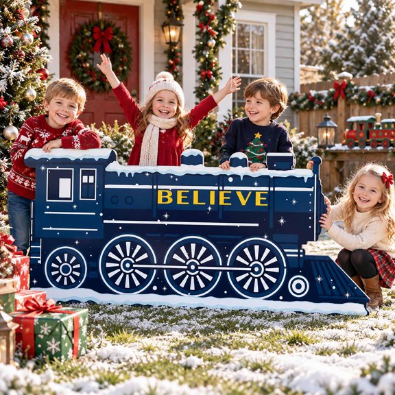 EBaokuup 61.4 x 25.6 inch Christmas Train Cardboard Cutout, Blue Foldable Standup Decoration for Party Photo Booth