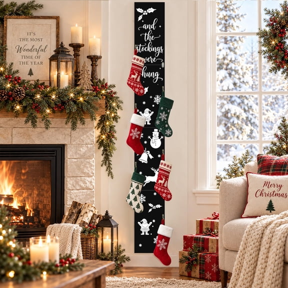 EBaokuup 64 inch Foldable Christmas Stocking Holder, Black Wooden Stand with 6 Hooks for Holiday Decor