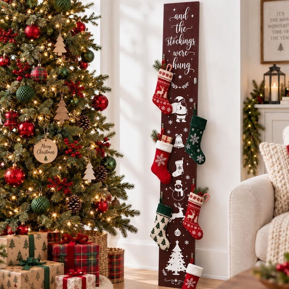 EBaokuup 64 inch Wooden Christmas Stocking Holder, Foldable Stand with 6 Metal Hooks for Holiday Decor