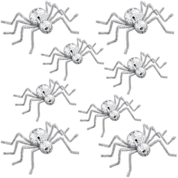 EBaokuup 8 Pcs 2 Size Halloween Disco Spider Decorations, Glitter Mirror Spider Tabletop Decor with Bendable Legs