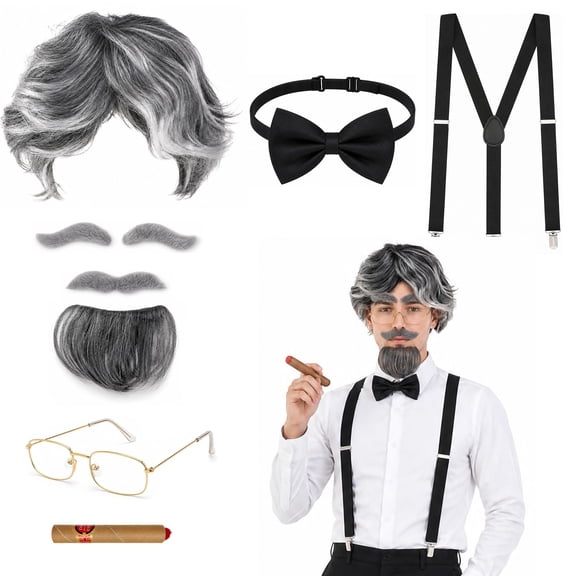 EBaokuup Old Man Costume Kit, 8 Pcs Grandpa Cosplay Set with Wig, Glasses, Beard, Mustache, Bow Tie & Suspenders