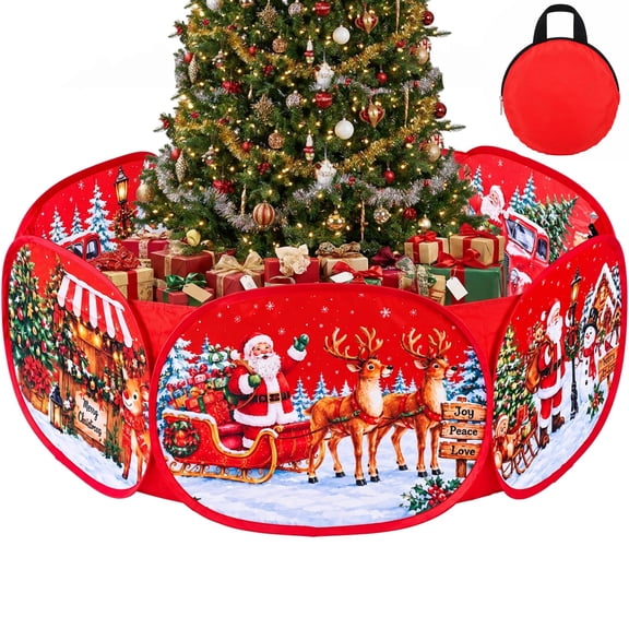 EBaokuup Pop Up Christmas Tree Pet Barrier Decoration, Red 40 inch 6-Sided 210D Oxford Fence with Santa Print