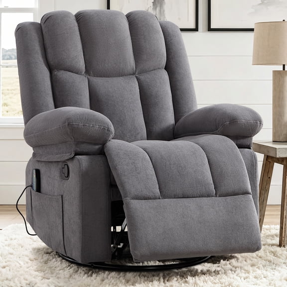 Ebello 8-Point Massage Manual Swivel Rocker Recliner with Heating, Short Plush Glider Reclining Chair Side Pockets for Living Room, Apartment, Gray