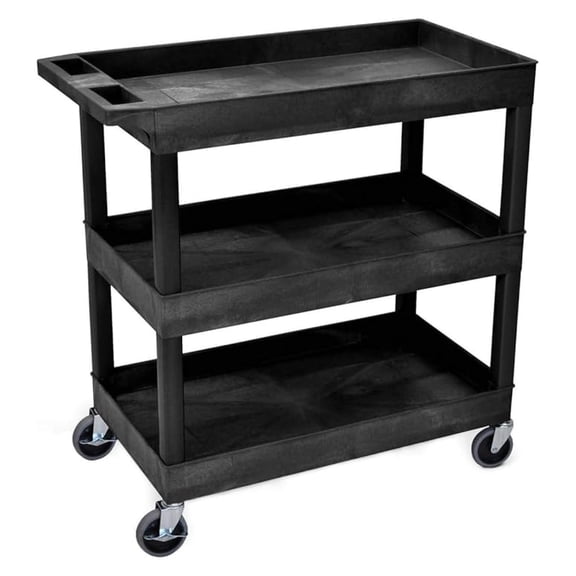 EC111-B Heavy Duty Plastic Utility Cart, 32" x 18" Rolling Tub Cart with Three Shelves, 300 lbs. Capacity, Ergonomic Push Handle, Black