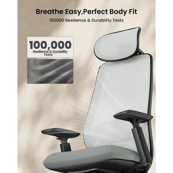 EC200 Ergonomic Office Chair, High-Back Mesh with Lumbar Support & Adjustable Seat Depth  Home Office Ergo Desk Chair Long-Hours Sitting for Remote Workers, Programmers - Grey