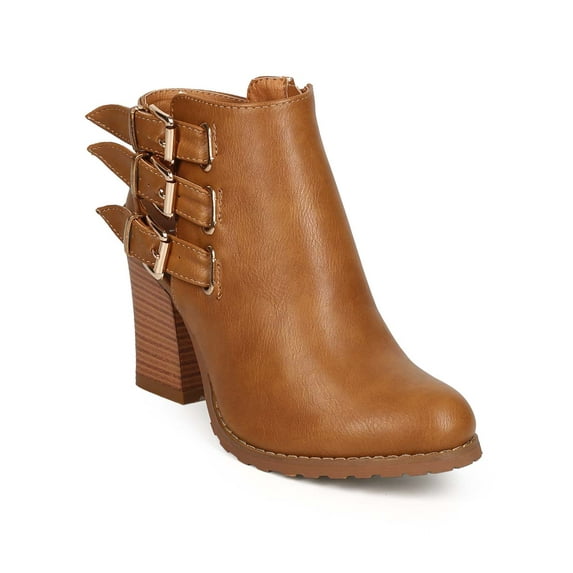 EC33 Women Leatherette Almond Toe Strappy Buckle Cutout Ankle Bootie