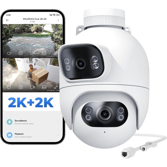 EC6 Dual 2K+2K Plug-in Outdoor Security Camera: Camera for Home w/Motion Spotlight/Siren, Wired 360 Rotate Cam, Person Tracking, 24/7 Continuous Recording, Color Night Vision
